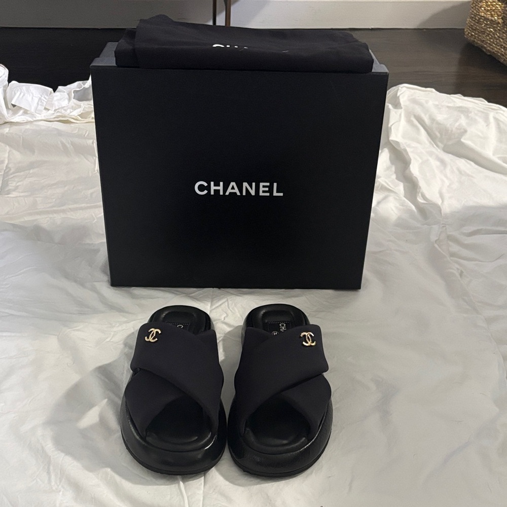 Chanel Black Slide Sandals with Gold Accents